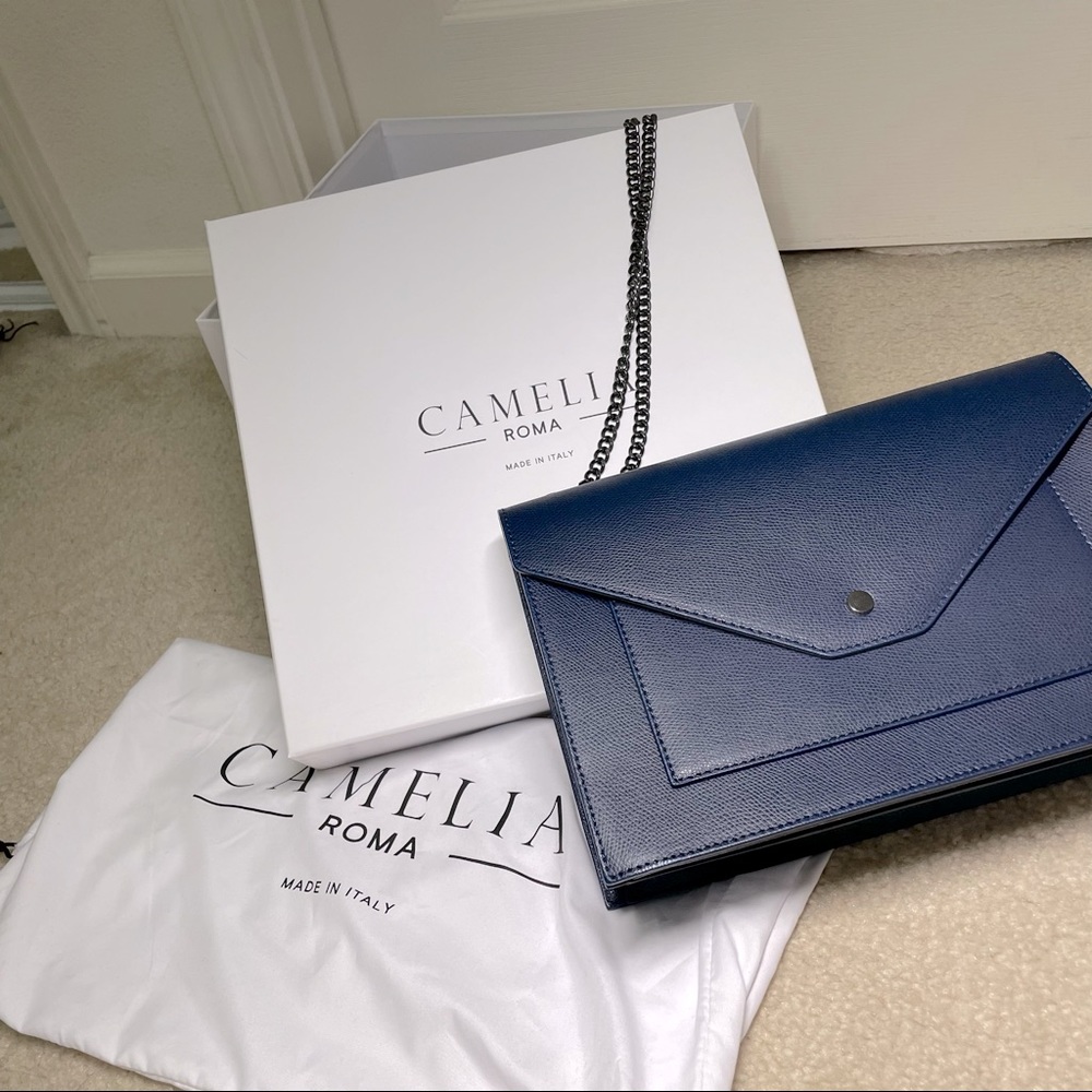Navy blue bag with black detailing and black chain